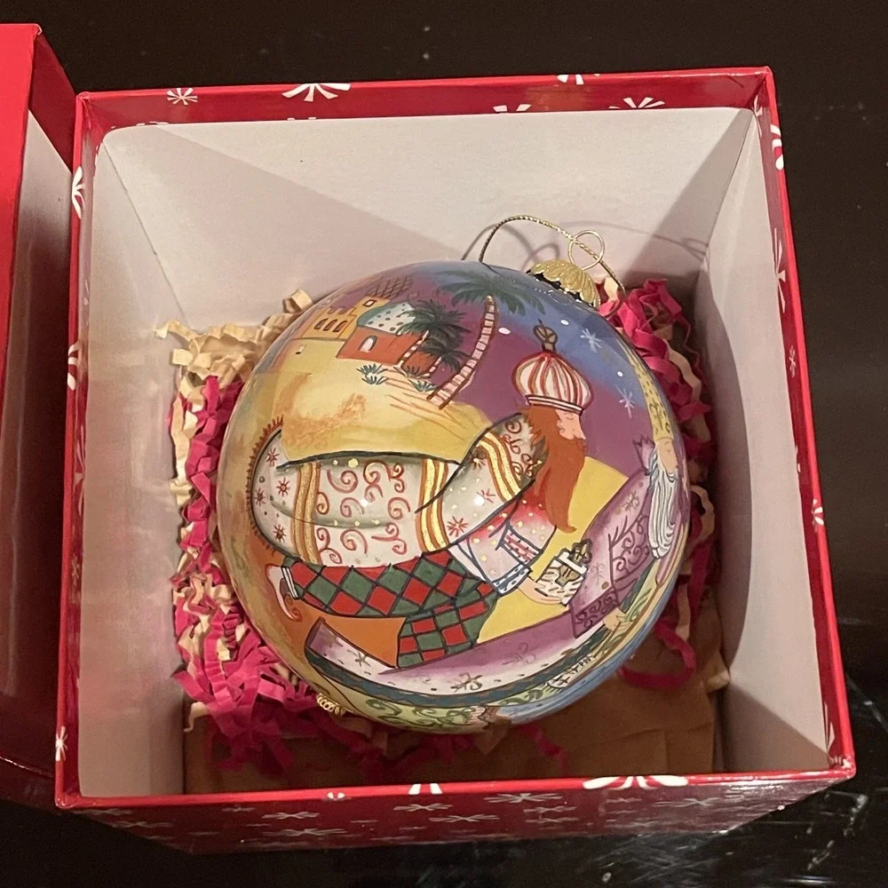 Vintage 2004 Pier 1 Li Bien Hand Painted Glass Christmas Ornament Bethlehem Deco
